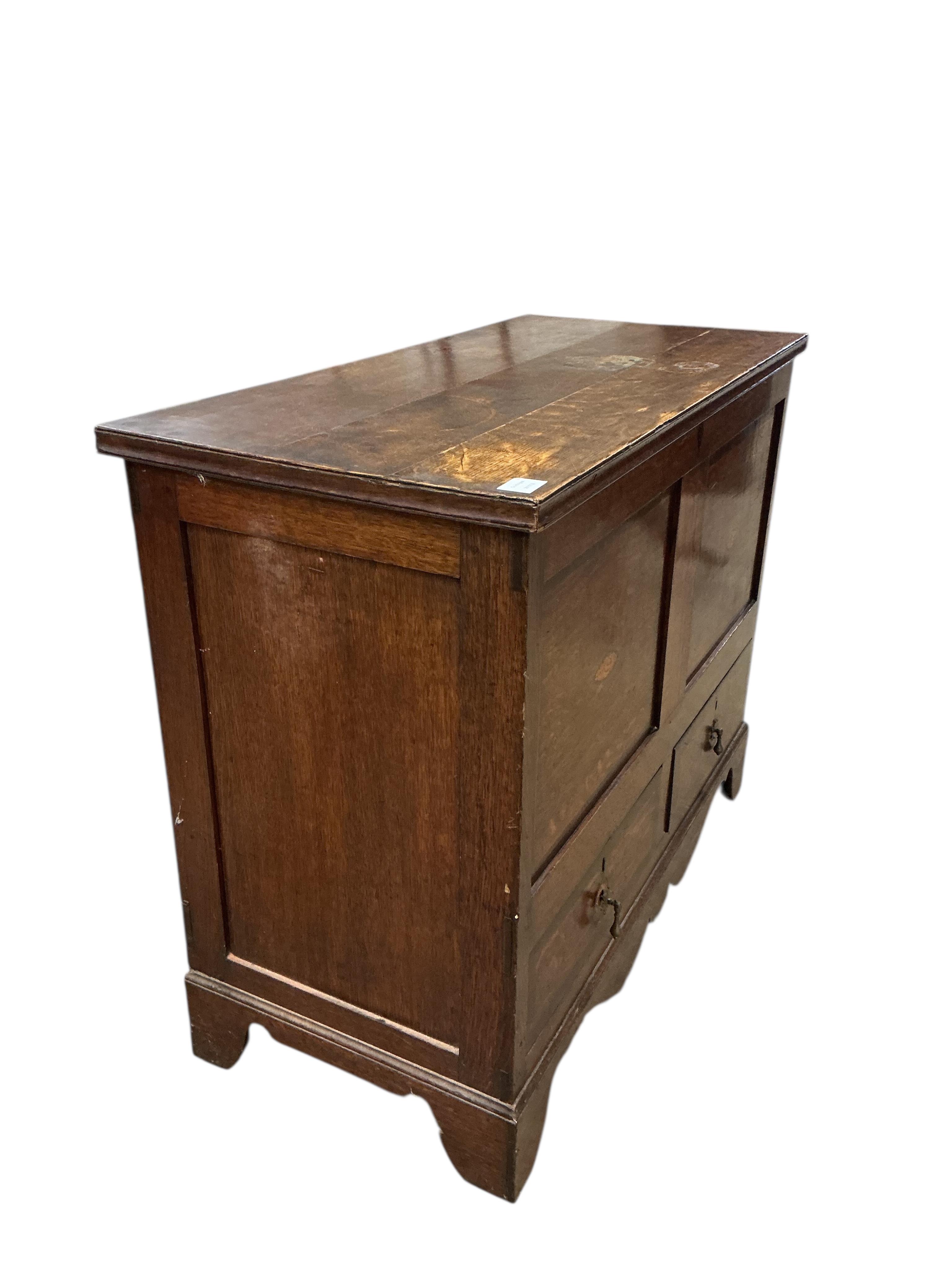 A 19th century inlaid oak mule chest, width 104cm, depth 50cm, height 86cm